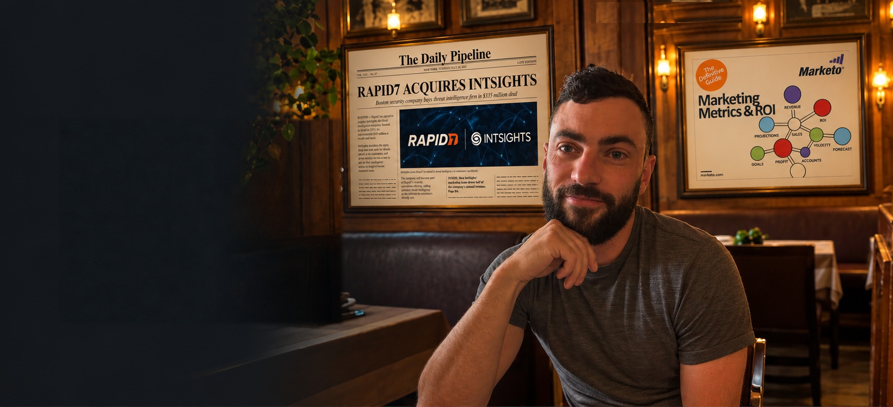 Jonathan Beaton at dinner, chin on hand, with framed Rapid7 Acquires IntSights and Marketo Marketing Metrics & ROI artwork on the restaurant wall